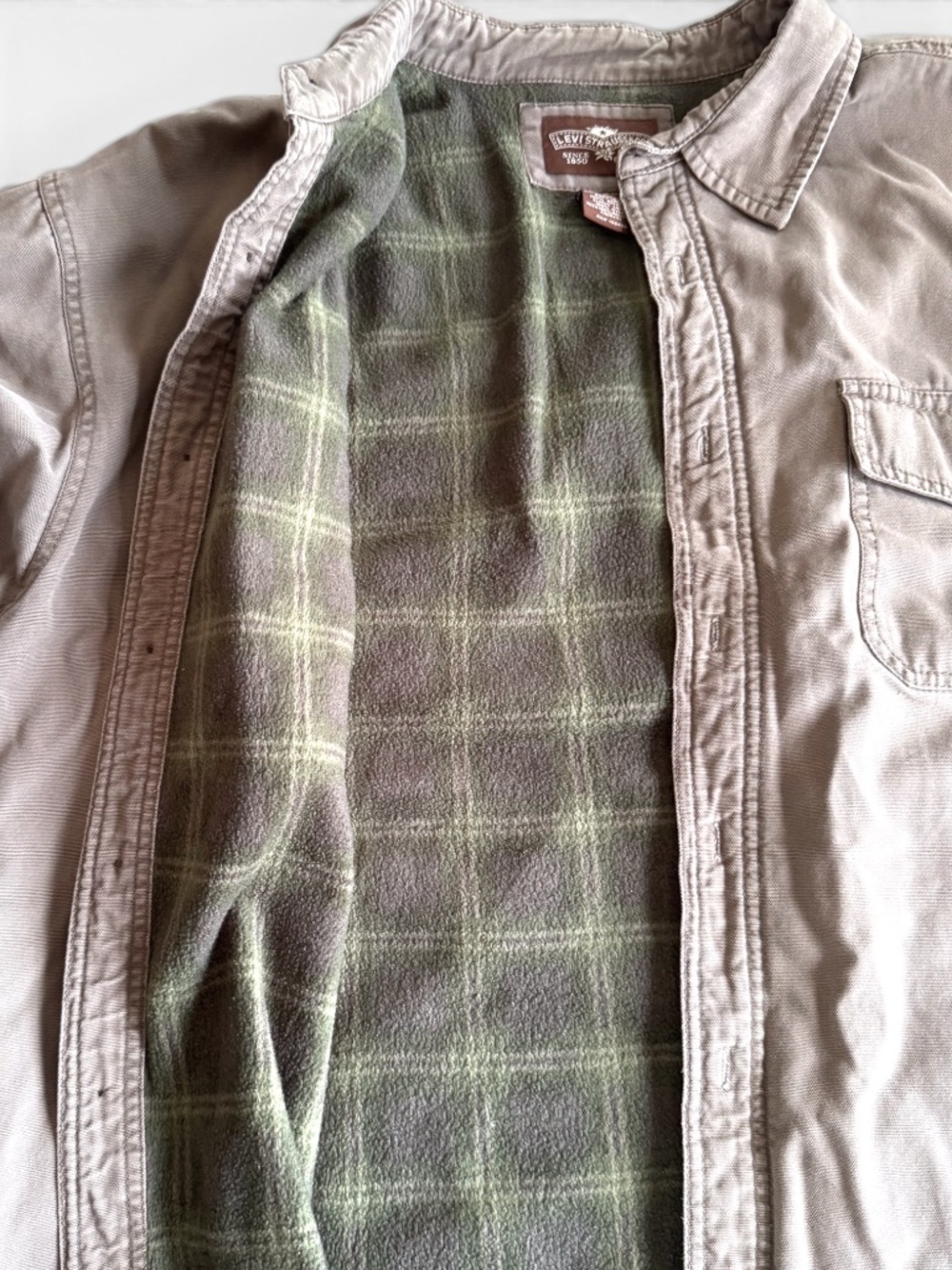 LEVI’S Men Fleece Lined Shirt Jacket XL Cotton Khaki Button Front - Picture 2 of 9